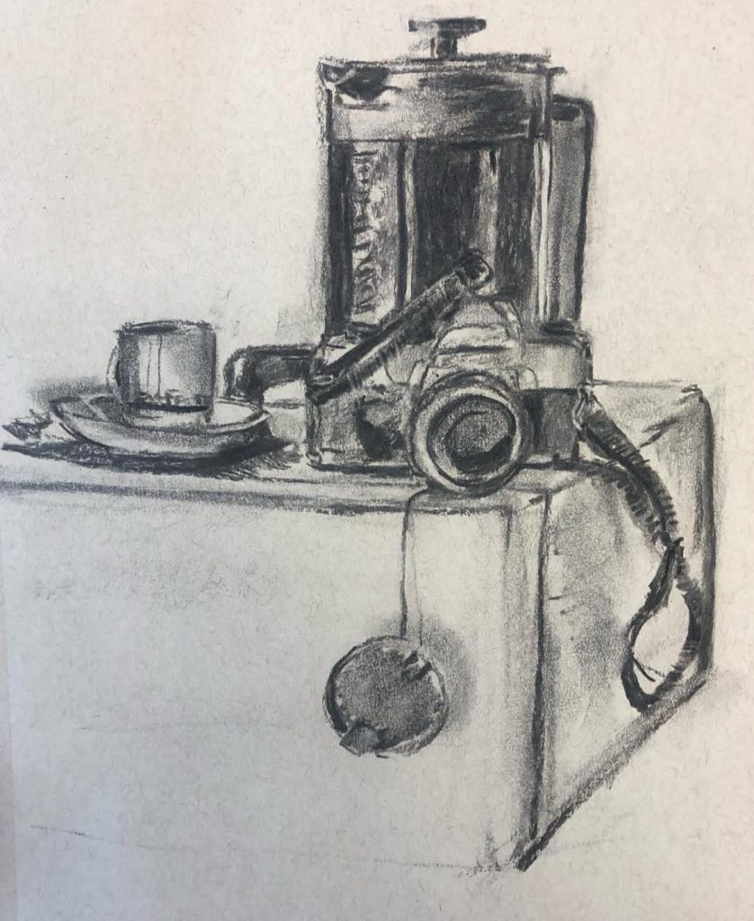 Coffee and camera charcoal drawing